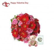 Cute Bouquet - 15 Pink Roses & 15 Red Gerberas Bouquet + Teddy 6" + Card