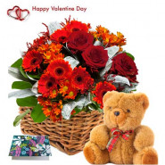 Floral Feelings - 6 Red Gerberas & 6 Red Roses + 6 Carnations Basket + Teddy 6" + Card
