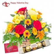 Special Basket - 6 Yellow Roses & 6 Gerberas in Basket + Ferraro Rocher 4 pcs + Card