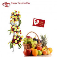 Loving Fruit Combo - 30 Yellow Gerberas + 40 Red Carnations Life Size Arrangement, 5 kg Mix Fruits in Basket and Card