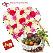 Heart for Heart - Heart Shaped Arrangement of 30 Roses, 2 Kg Mix Fruits in Basket and Card