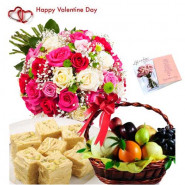 Sweets & Fruits for Love - 20 Mix Roses Bouquet, 2 Kg Mix Fruits in Basket, Haldiram Soan Papdi 250 gms and Card