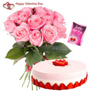 Generous Treat - 12 Pink Roses Bunch, 1/2 Kg Strawberry Cake & Valentine Greeting Card