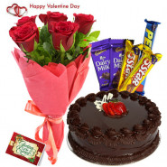 Flower N Cake Bonanza - 10 Red Roses Bunch, 1/2 KG Chocolate Cake, 5 Assorted Bars & Valentine Greeting Card