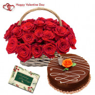 Winning Happiness - 15 Red Roses Basket, 1/2 Kg Chocolate Cake & Valentine Greeting Card