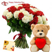 Red N Pink Bear - 12 Red & White Roses Bunch, Teddy 6 inch & Valentine Greeting Card