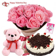 Cute & Tasty Delight - 10 Pink Roses, Teddy 6 inch, 1/2 kg Black Forest Cake & Valentine Greeting Card