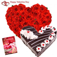 Beauty of Heart - 40 Red Roses Heart + Black Forest Heart Cake 1 kg + Card