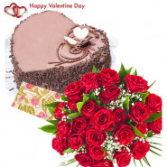 Flower Combo - 100 Mix Roses Basket, 1 Kg Heart Shape Chocolate Cake and Card