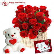 Roses & Teddy - 15 Red Roses Basket + Teddy with Heart 8" + Card