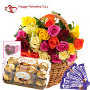 Chocolaty Delight - 35 Mix Roses Basket, 5 Dairy Milk 13 gms each, Ferrero Rocher 16 Pcs and Card