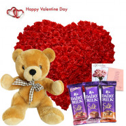 Love Surprise - 100 Roses Heart Shape Arrangement, 3 Dairy Milk Silk, Teddy 10 inch and Card
