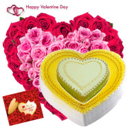 Double Treat - 150 Pink & Red Roses Heart Shape, Double Heart Shape Cake 2.5 kg and Card