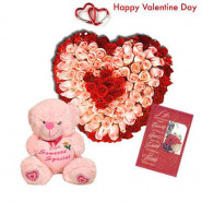 Special Flowers - 30 Pink and Red Roses in Heart Basket, Pink Teddy 6" and Card