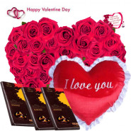 Loving Gift - 50 Red Roses in Basket, Heart Shape Pillow 8", 3 Bournville 30 gms and Card