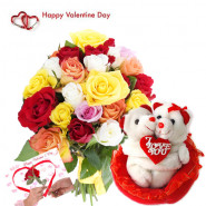Lovable Gift- 40 Mix Roses in Bunch, Hugging Teddy 8" and Card