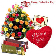 Flower Mix - 40 Mix Roses in Basket, Heart Shape Pillow 8", 3 Temptations 72 gms each and Card