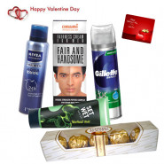 All for Mens - Set Wet Hair Gel, Emami Fair & Handsome Cream, Nivea Men Body Spray, Gillete Shave Gel, Ferrero Rocher 4 Pcs & Valentine Greeting Card