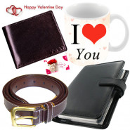 Lifetime Gift Set - Leather Diary, Leather Wallet, Leather Belt, I Love You Personalized Mug & Valentine Greeting Card