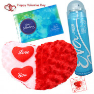 Heart full of Celebration - Heart Shaped Pillow, Cadbury Celebrations 118 Gms, Eva Fresh Deodorant & Valentine Greeting Card