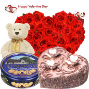 Valentine Royal Gift - 30 Red Roses Heart + Chocolate Heart Cake 1 kg + Teddy 6" + Danish Butter Cookies + Card