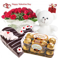 Valentine Special Combo - 40 Red Roses + Ferrero Rocher 16 pcs + Teddy 8" + Black Forest Heart Cake 1 kg + Card