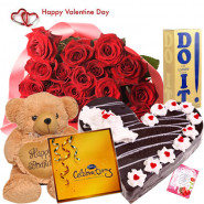 Valentine Special Hamper - 50 Red Roses + Teddy 10" + Do It Perfume + Black Forest Cake 1 kg + Cadbury Celebration + Card