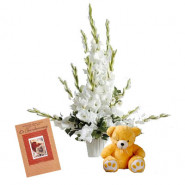 Lovely Gladiolus - 12 White Gladiolus Basket + Teddy 8" + Card