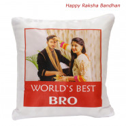 World's Best Bro Personalized Photo Cushion, Cashews 100 in Potli (D), 5 Dairy Milk, 2 Rakhi and Roli-Chawal