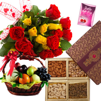 Fruits & Dryfruits - 12 Red & Yellow Roses Bouquet, 2 Kg Mix Fruits in Basket, 200 gms Assorted Dryfruits
