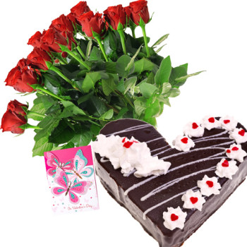 Roses & Black Forest Cake - 15 Red Roses + Black Forest Heart Cake 1kg