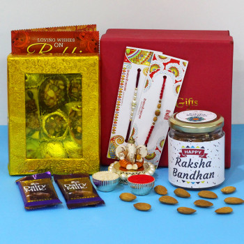 Yummy Box - Kaju Mix, Almond in Personalized Jar, 2 Dairy Milk, Ganesh Idol, Premium Gift Box (M), 2 Rakhi, Free Greeting Card & Roli-Chawal