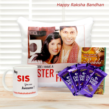 Hey Sis you are Awesome Personalized Mug, I Will Always Have a Friend Personalized Cushion, 5 Dairy Milk and Free Greeting Card