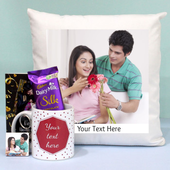 Personalized Romantic Surpise - Personalized White Mug, Personalized Cushion, Square Wooden Keychain, Dairy Milk Silk and Personalized Card