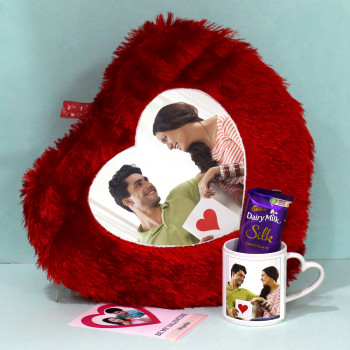 Personalized Mug Pillow Silk Combo - Personalized Heart Shape Pillow, Personalized White Mug, Dairy Milk Silk and Personalized Card