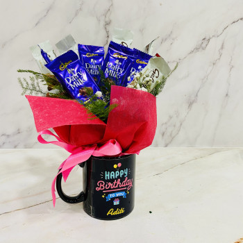 Adorable Hamper of Mug - Personalized Black Mug, 6 Galaxy Chocolate, 5 Cadbury Dairy Milk Bouquet
