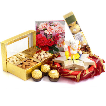 Affable Gift - Assorted Dry Fruits in Box, Kaju Katli 250 gms, Ferreo Rocher 4 Pcs, Decorative Ganesh Idol