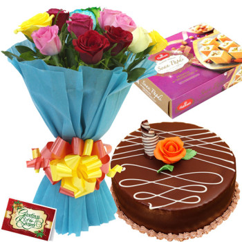 Spellbinding Mix - 12 Mix Flowers Bunch, 1/2 Kg Cake, Soan Papdi
