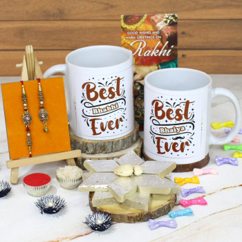 Couple Rakhi Personalized Hamper - Kaju Katli, Bhaiya Personalized Best Bhaiya & Bhabhi Ever Photo Mugs with Bhaiya Bhabhi Rakhi, Free Greeting Card & Roli-Chawal