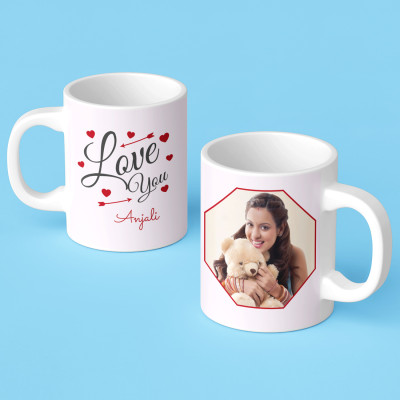 Romantic and Grand - Love You Personalized Mug, Love You Personalized Cushion, Ferrero Rocher 4 Pcs & Valentine Greeting Card