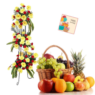 Grand Fruit Combo - 30 Yellow Gerberas + 40 Red Carnations Life Size Arrangement, 5 kg Mix Fruits in Basket