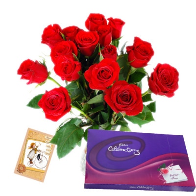 Love All Around - 12 Red Roses in Vase + Cadbury Celebration 128 gms