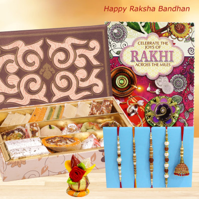 Best Rakhi Treat - Kaju Mix with 2 Pearl Rakhi, 1 Mauli Rakhi, 1 Sandalwood Rakhi, 1 Lumba Rakhi, Free Greeting Card & Roli-Chawal