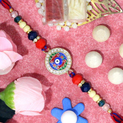 Vibrant Evil Eye Charm Rakhi with Diamond and Multicolor Beads