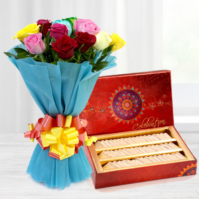 Hypnotic - 12 Mix Roses Bouquet + 250 Gms Kaju Katli