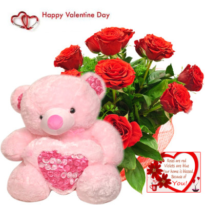 Valentine Roses Teddy - 15 Red Roses Bunch + Teddy with Heart 24 inch