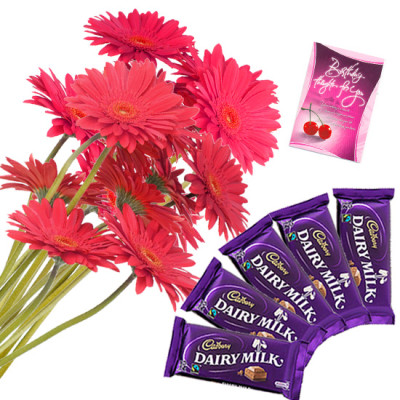 Pink Dairy Milk - 10 Pink Gerberas Bunch, 5 Dairy Milk