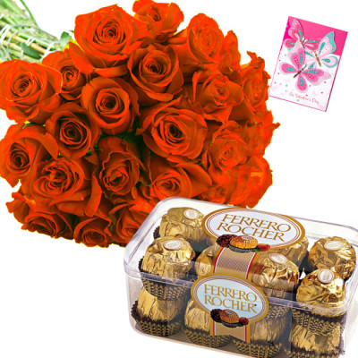 Flowery Ferrero - 25 Orange Roses Bunch, Ferrero Rocher 16 Pcs