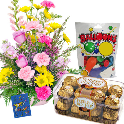 Balloon n Fun - 18 Roses, Gerberas & Carnations Bunch, Ferrero Rocher 16 Pcs, Colourful Balloons Pack