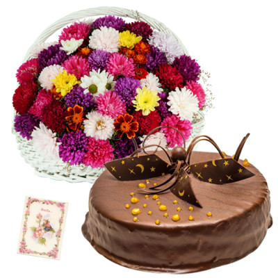 Dignified Gift - 20 Mix Carnations in Basket, 1/2 Kg Chocolate Cake